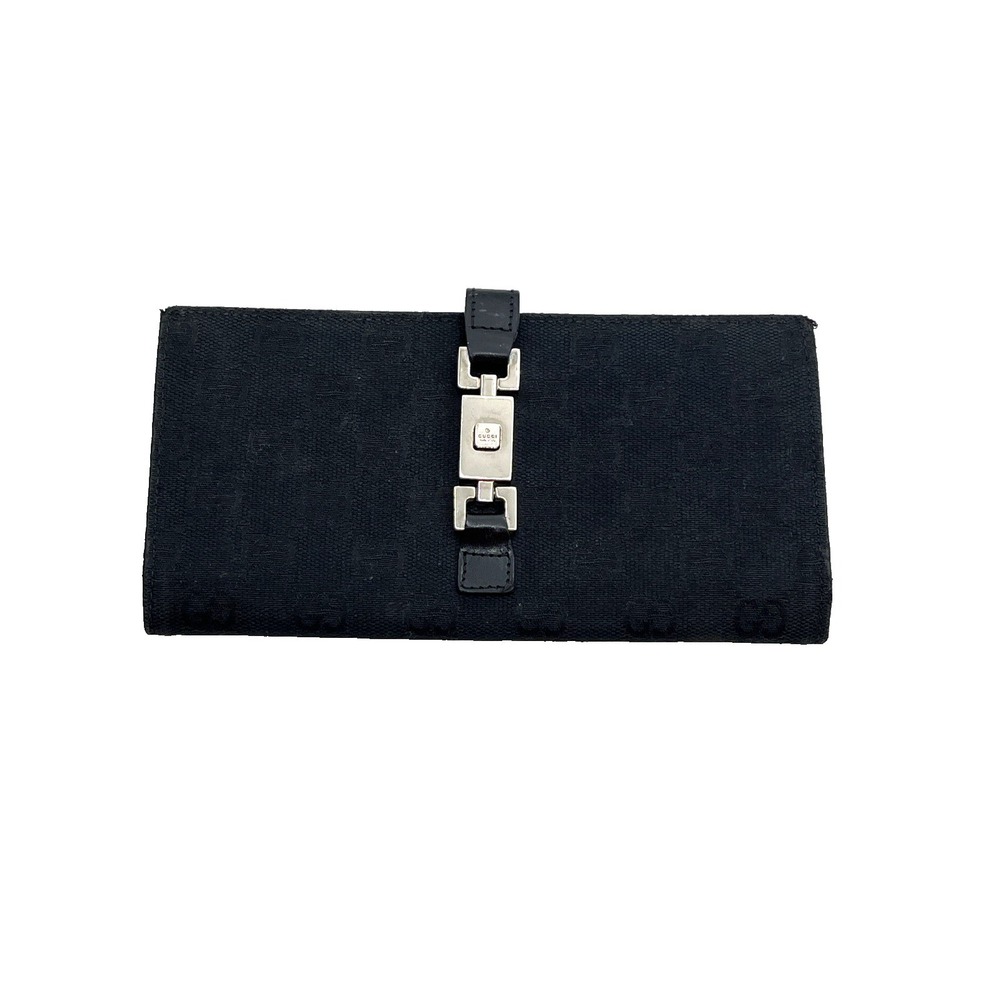 Gucci‎ GG Canvas Jackie Clasp Long Wallet Black Leather Made In Italy